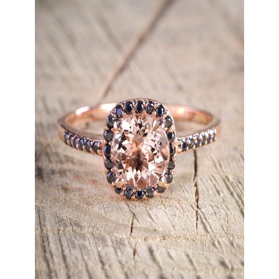Sale: 1.25 Carat Peach Pink Morganite (Round cut Morganite) and Black Diamond Engagement Ring in 10k Rose Gold for Women
