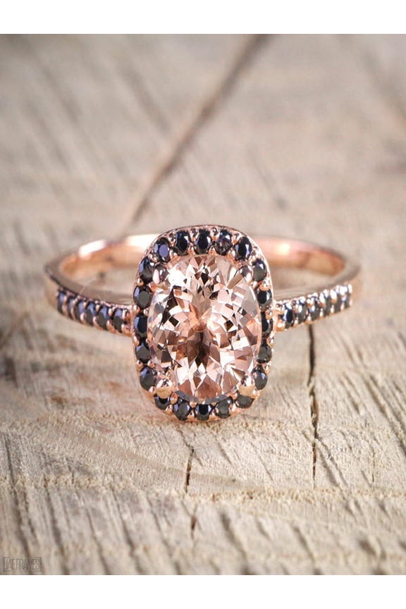 Sale: 1.25 Carat Peach Pink Morganite (Round cut Morganite) and Black Diamond Engagement Ring in 10k Rose Gold for Women