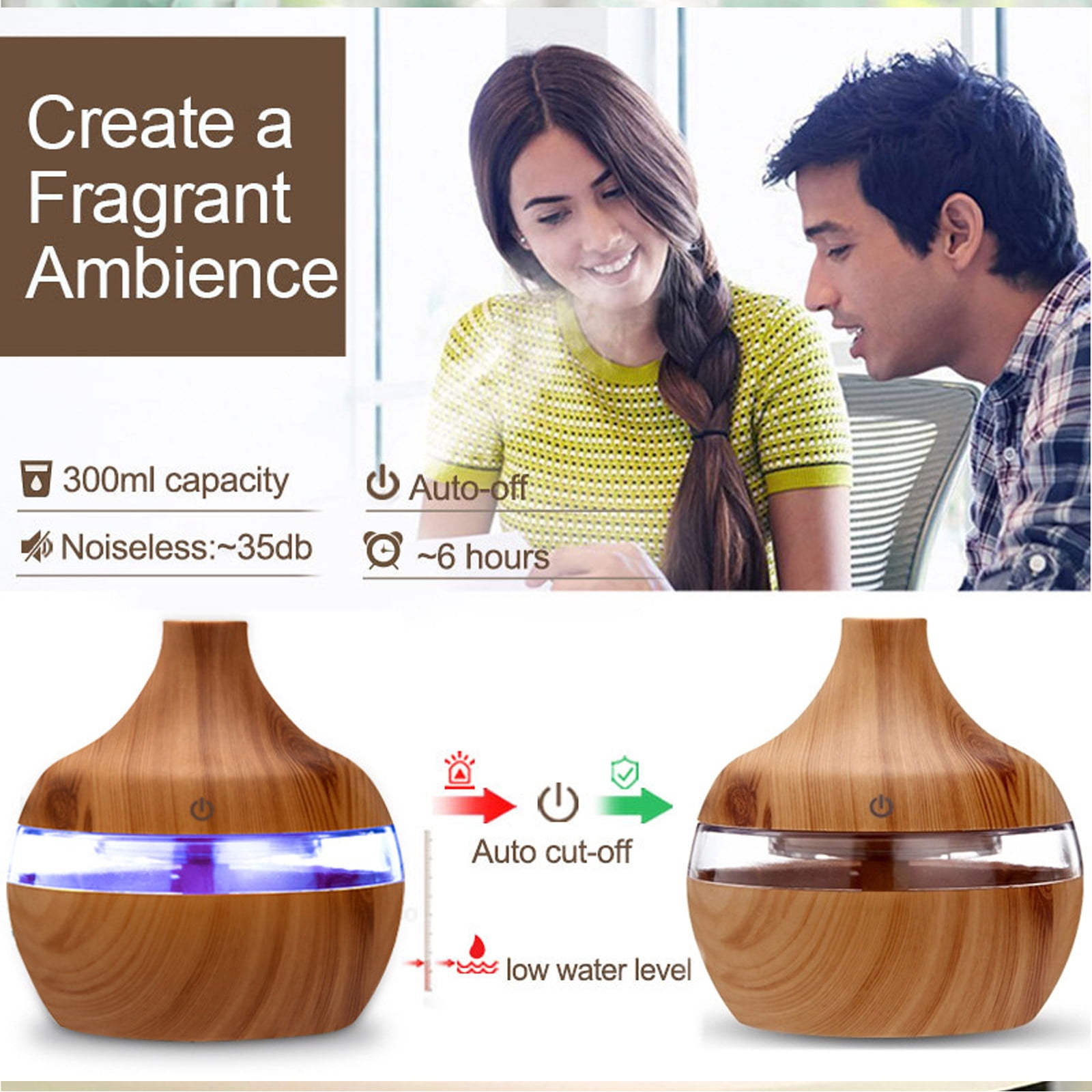 Aroma Diffuser for Essential Oil Large Room Diffusers Set Ultrasonic 300ml,,High Mist Output for Home, Waterless Auto-Off, 7 Color LED Lights Wood Grain Cool Mist Humidifier Ultrasonic Diffusers