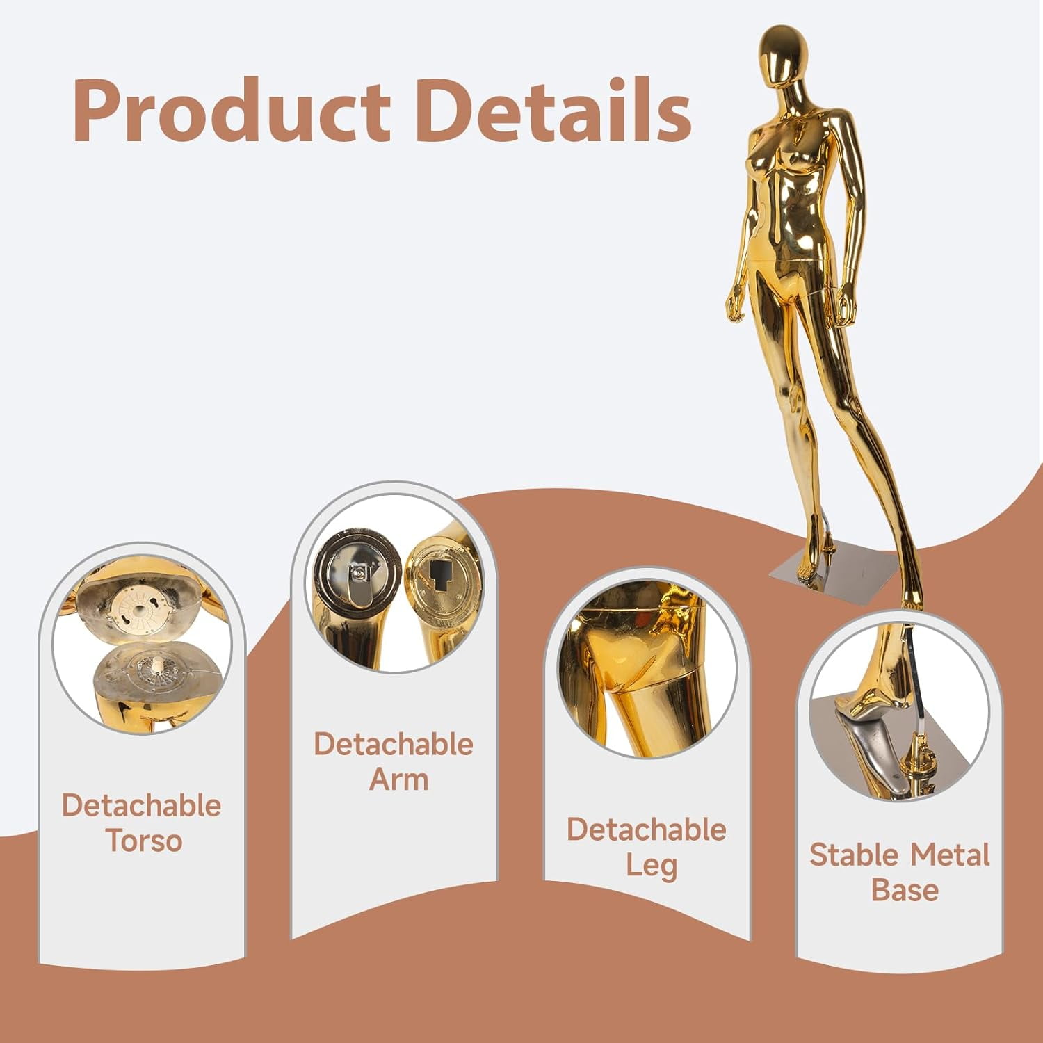 Kinbor Gold Full Body Female Mannequin - Elegant Tall Female Mannequin with Stable Metal Base, Manne quin Dress Form Display with Adjustable Head and Arms, Detachable Manikins