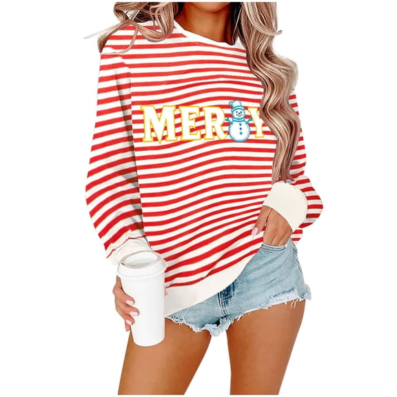 Womens Striped Sweatshirts Christmas Holiday Pullover Shirts Long Sleeve Crewneck Fashion Tops Fall Clothes, 2XL White