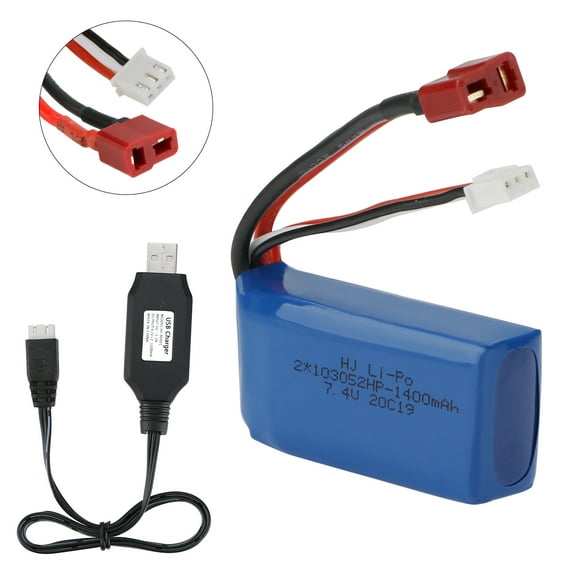 7.4V Battery 1400mAh 25C T Deans Connector with USB Cable for WLtoys 4WD RC Cars A959-B A969-B A979-B K929-B
