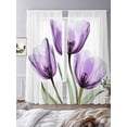 thumbnail image 3 of Purple Tulips Semi Sheer Window Curtains 96 Inches Long, Green Leaf Country Flower White Botanical Rod Pocket Voile Silky Chiffon Curtain Light Filtering Drapes for Living Room, 52"x96", 2 Panels, 3 of 9