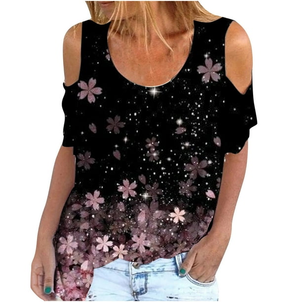 Top informal suelto con hombros descubiertos y cuello redondo con estampado de manga corta para mujer a la moda Pompotops hkajfhjk463793