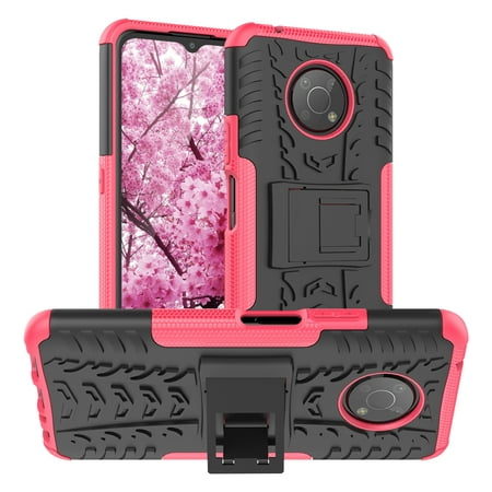 TJS Phone Case for Nokia G300 5G (N1374DL), Tire Texture Heavy Duty Shockproof Hybrid Kickstand Phone Cover (Pink)