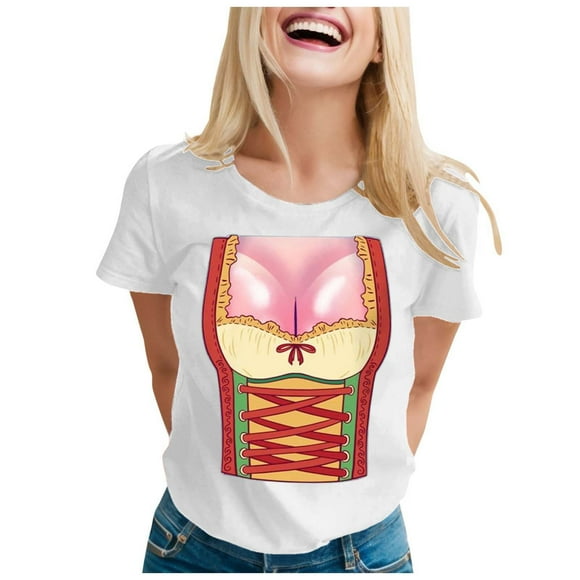 TSADFHJI Womens Tops Plus Size Women's Oktoberfest Casual Tee Traditional Festival Round Neck Short Sleeve Print T Shirt Top Xl White