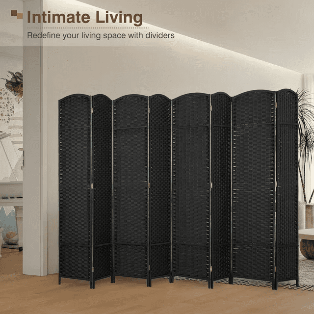 CL.HPAHKL 8 Panel Room Divider 5.57 ft Tall, Folding Privacy Screen with Hand-Woven Design & Solid Wood Frame, Freestanding Room Partition Panel for Home, Office, Black