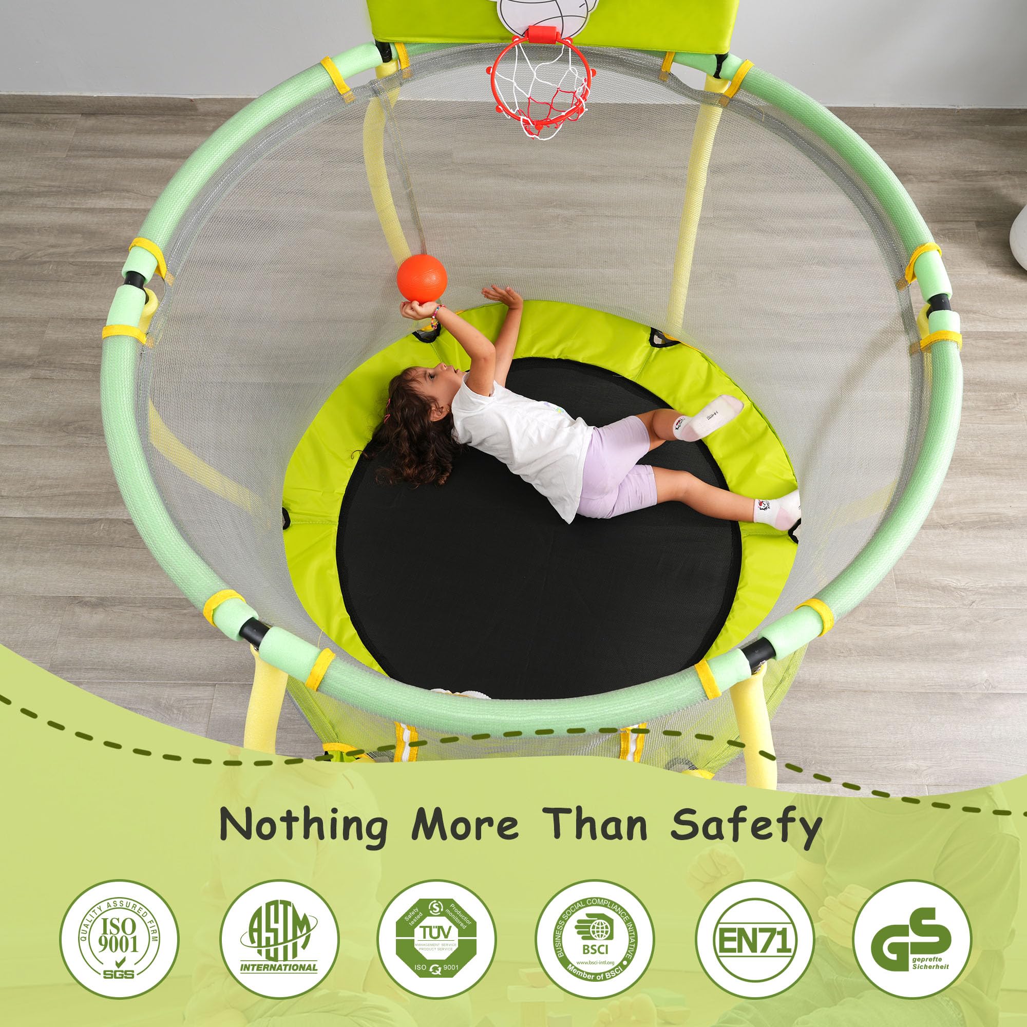 Leuco 48" Kids Trampoline, Toddler Trampoline with Safety Enclosure, Mini Trampoline with Basketball Frame and No Gap Design, Indoor/Outdoor Gift for 1-8 Year Olds