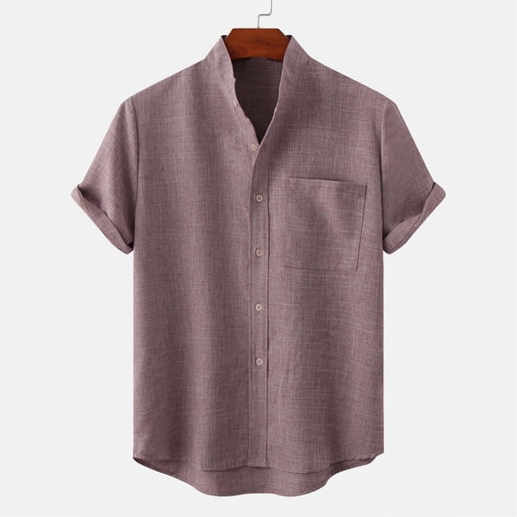 TIHLMK Mens Blouses & Button-down Shirts, Mens Tops Men's Round Neck Pocket Button Solid Cotton Linen Short Sleeve Shirt