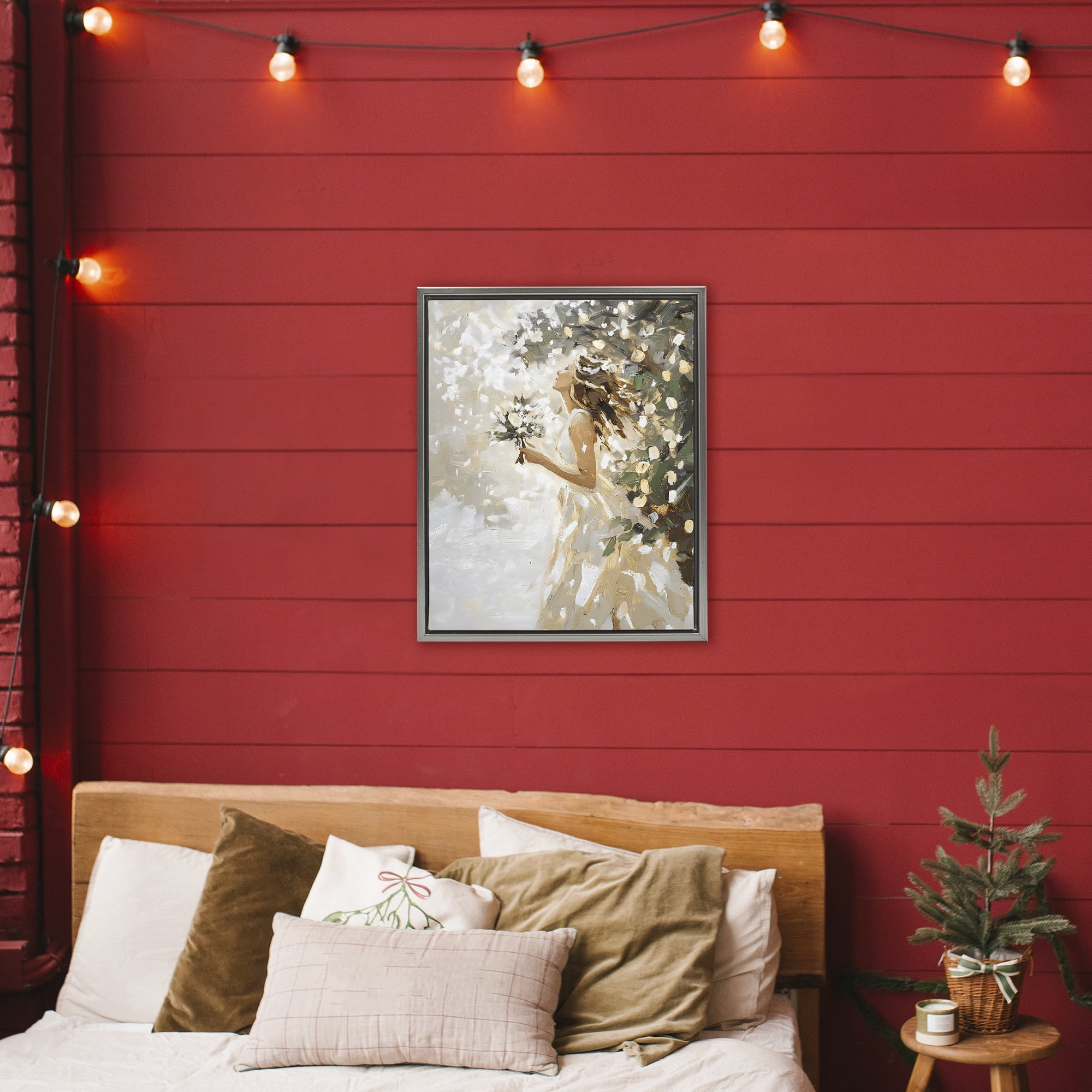 Soft White Snow Flurry Gray Framed Floater Canvas Wall Art, design by LSR Design Studio
