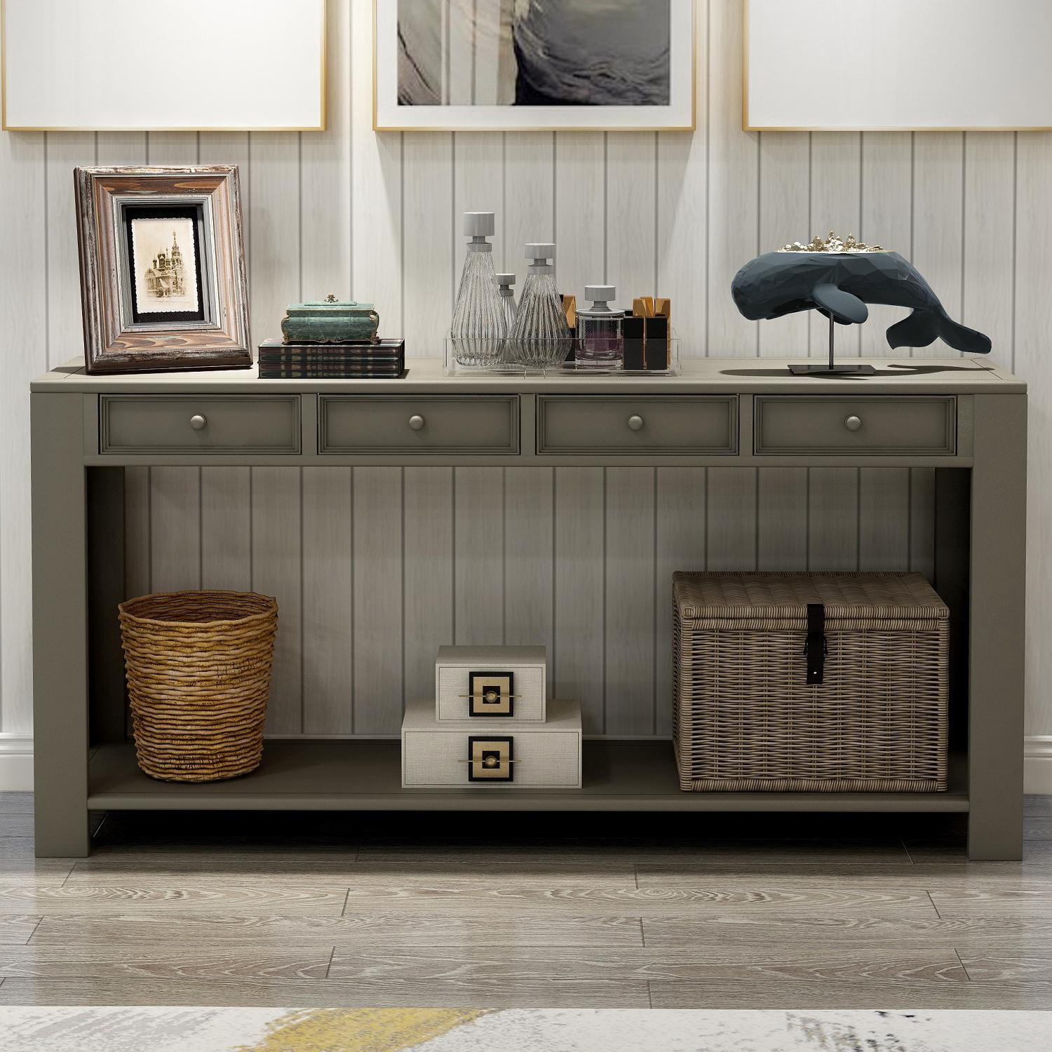 64” Long Console Table Sofa Table with Storage Drawers and Bottom Shelf ...