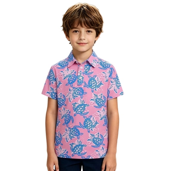 Byoo Toddler Boys Graphic Polo Shirt Sea Turtle Floral Print Short Sleeve Casual Summer T Shirt,Pink