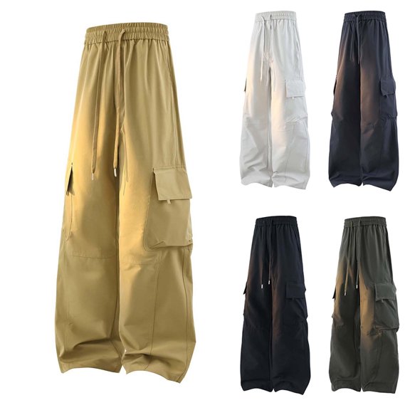 QSXADF Men's Cargo Pants Wide Leg Drawstring Hiking Pants Multi Pocket Cargo Pants Drawstring Elastic Waist Loose Work Relaxed Trousers Mens Casual Trousers