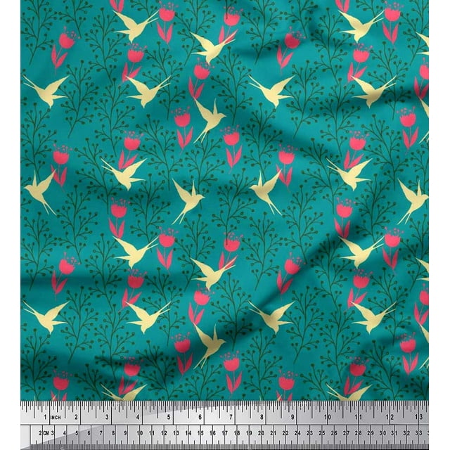 Soimoi Cotton Cambric Fabric Berries,Floral & Swallow Bird Print Fabric by The Yard 56 Inch Wide