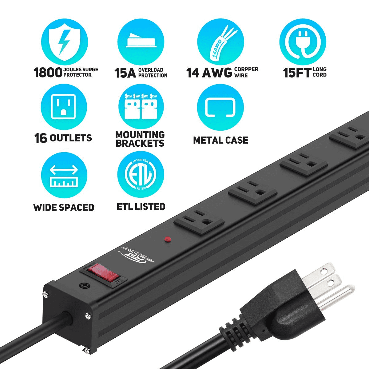 CRST Metal Heavy Duty Surge Protector, Wide Spaced 16 Outlets Power Strip with 15ft Long Extension Power Cord, 1800J
