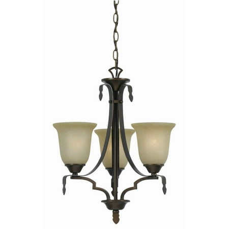 

3 Bulb Uplight Chandelier with Metal Frame and Glass Shade Bronze and Beige- Saltoro Sherpi