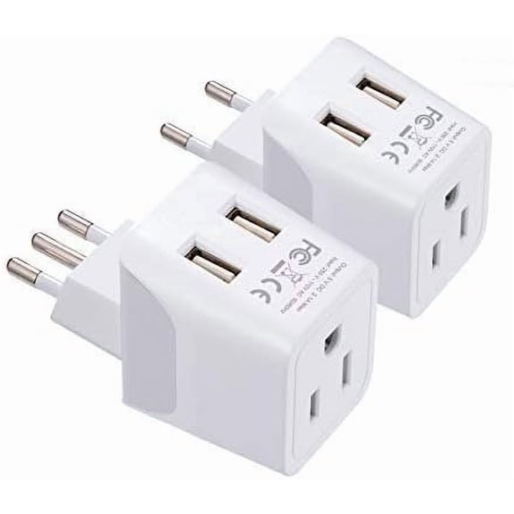Ceptics Italy, Europe Travel Adapter Plug Set - 2 Pack - with 2 USB   USA Socket Input - Type L and Type C - Ultra Compact - Safe Grounded Perfect for Cell Phones, Laptops, Camera Chargers