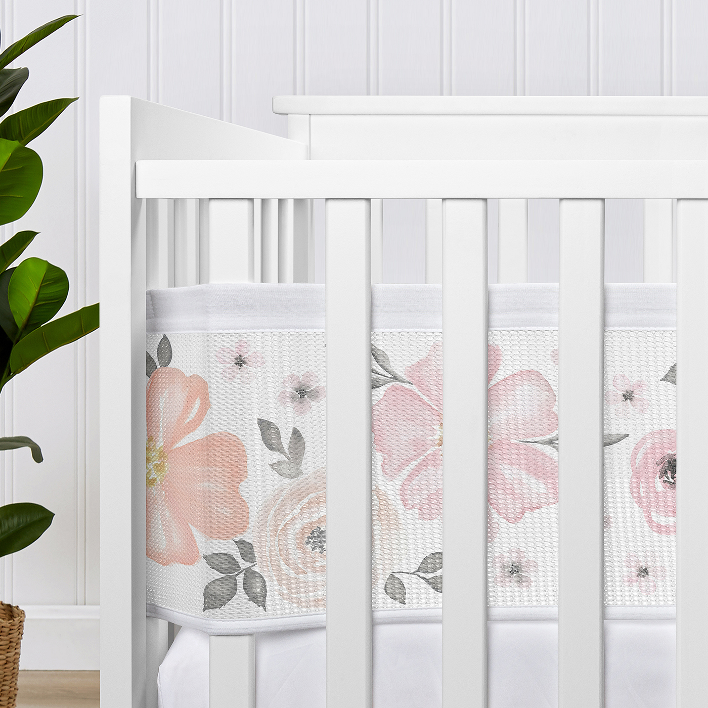 Sweet Jojo Designs + BreathableBaby Watercolor Floral Pink Grey and White Breathable Mesh Crib Liner Pad