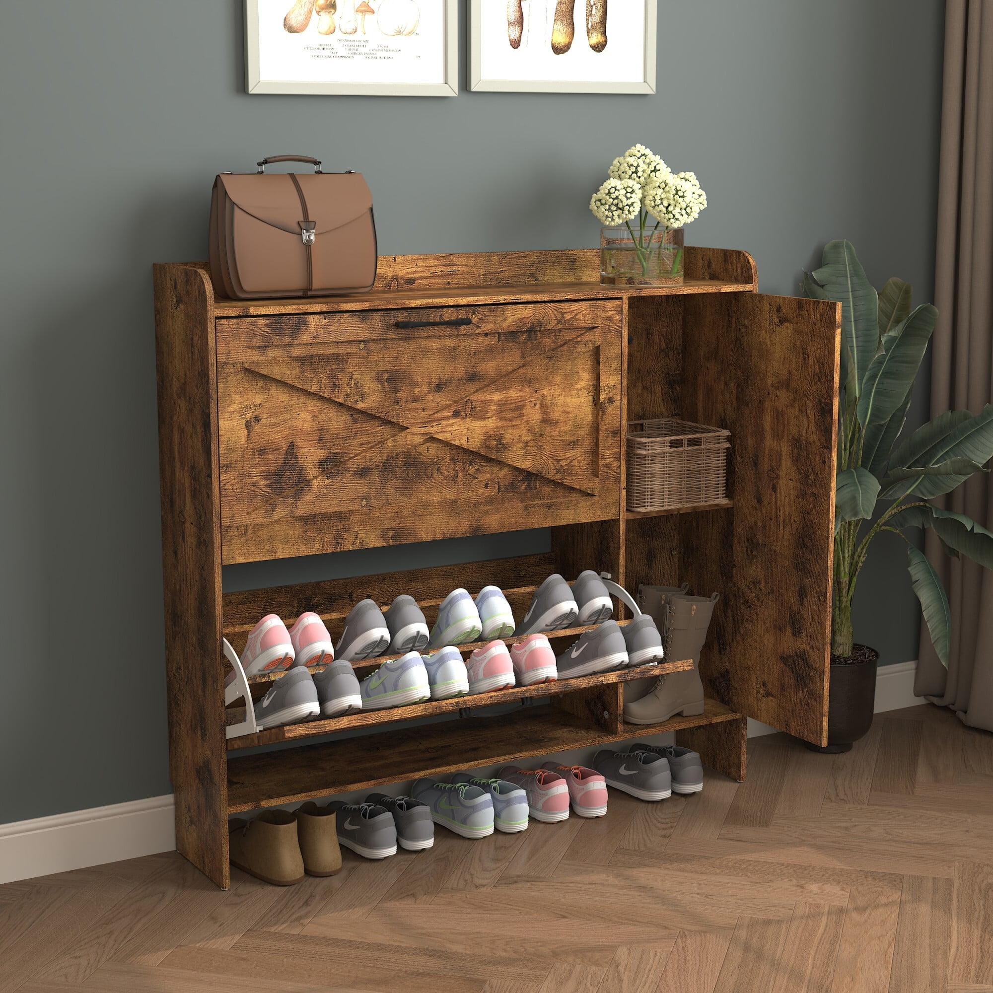 AENKYO Twin Size Bed Frame with 4 Storage Drawers, LED Lights, Charging Station Headboard, Rustic Brown