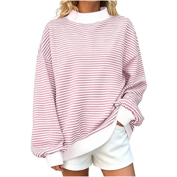 Sevevn Women's Oversized Striped French Terry Pullover Sweatshirt Long Sleeve Casual Fall Winter Trendy Outfits Tops 2026