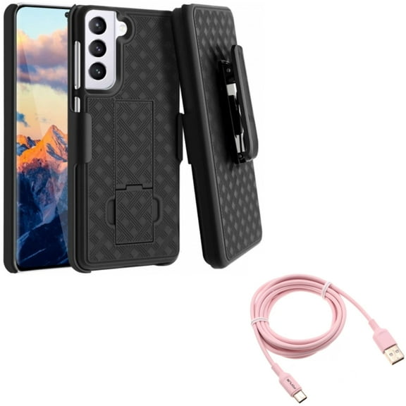 6ft USB-C Cable w Case Belt Clip for Samsung Galaxy S21 - Pink Charger Cord Power, Holster Swivel Cover