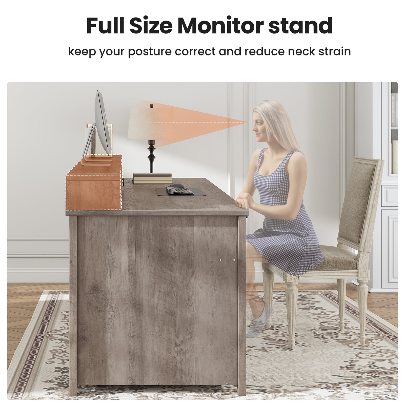 Executive Desk, 63" Farmhouse Desk with Storage, Home Office Desk with Drawers and Cabinet, Wood Desk with Monitor Stand, Rustic Writing Desk Study Table, Elegant Computer Desk with File Drawer, Grey