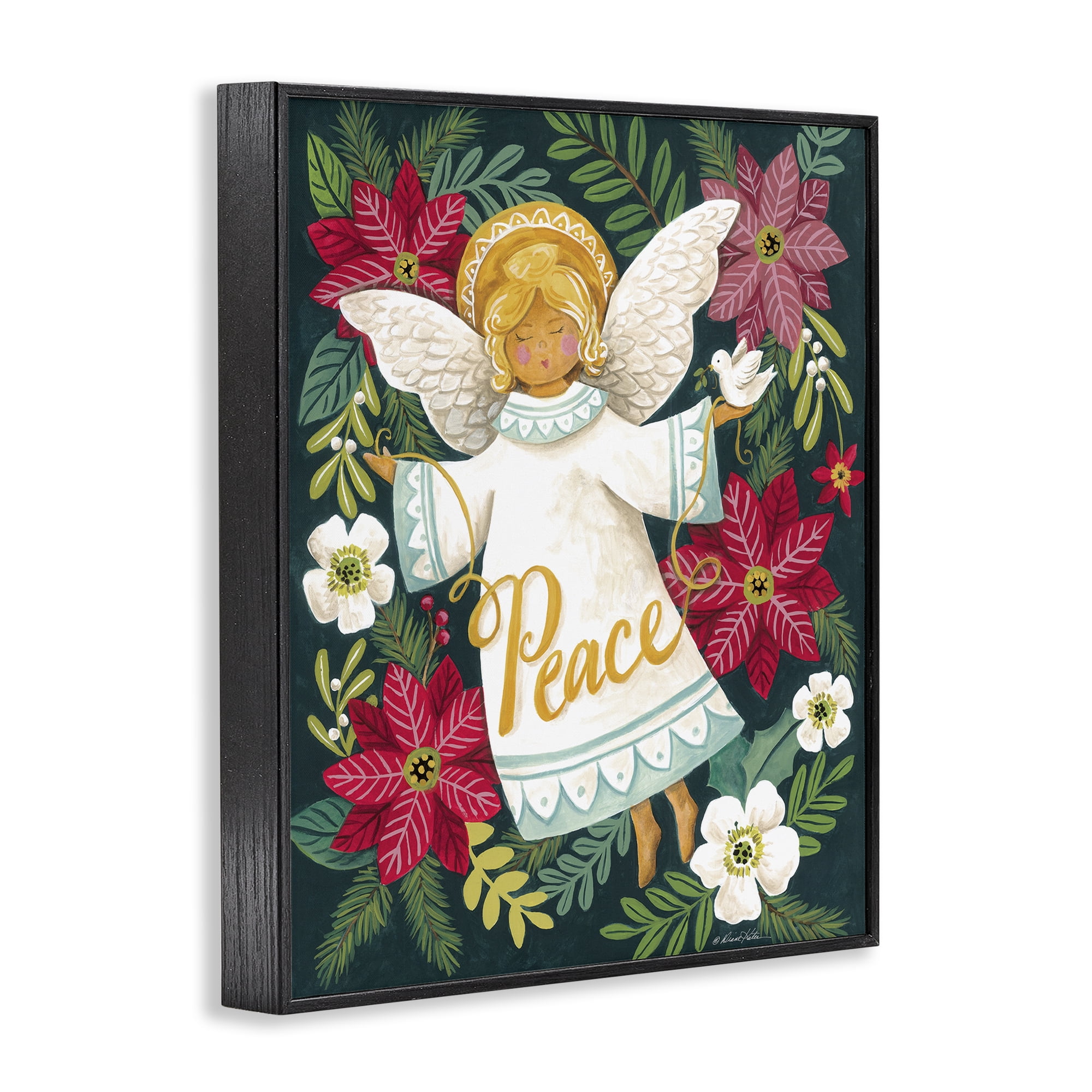 Angel with Peace & Botanicals Black Framed Giclee Art, design by Diane Kater