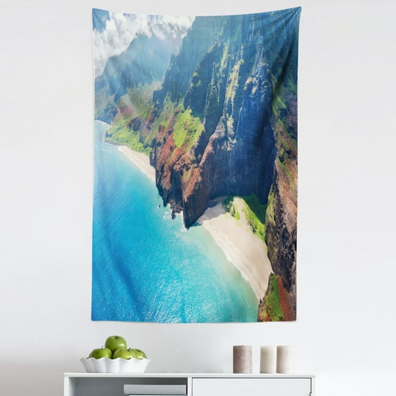Hawaii Tapestry, Na Pali Coast on Kauai Island on Hawaii Sunny Day Seaside Mountain Skyline, Fabric Wall Hanging Decor for Bedroom Living Room Dorm, 5 Sizes, Blue Green Brown, by Ambesonne