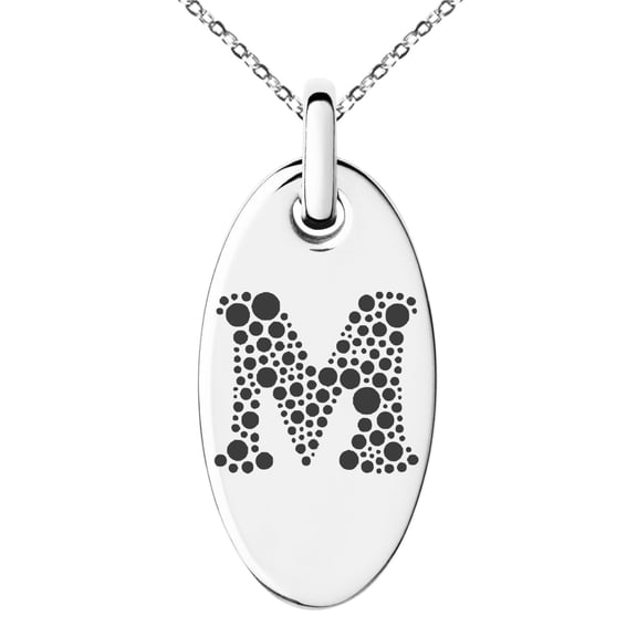 Stainless Steel Letter M Initial Dotted Monogram Engraved Small Oval Charm Pendant Necklace