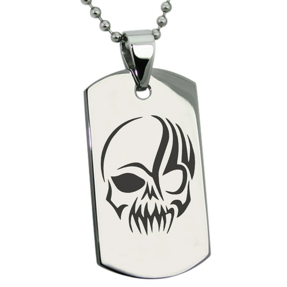 Stainless Steel Death Zombie Skull Engraved Dog Tag Pendant Necklace
