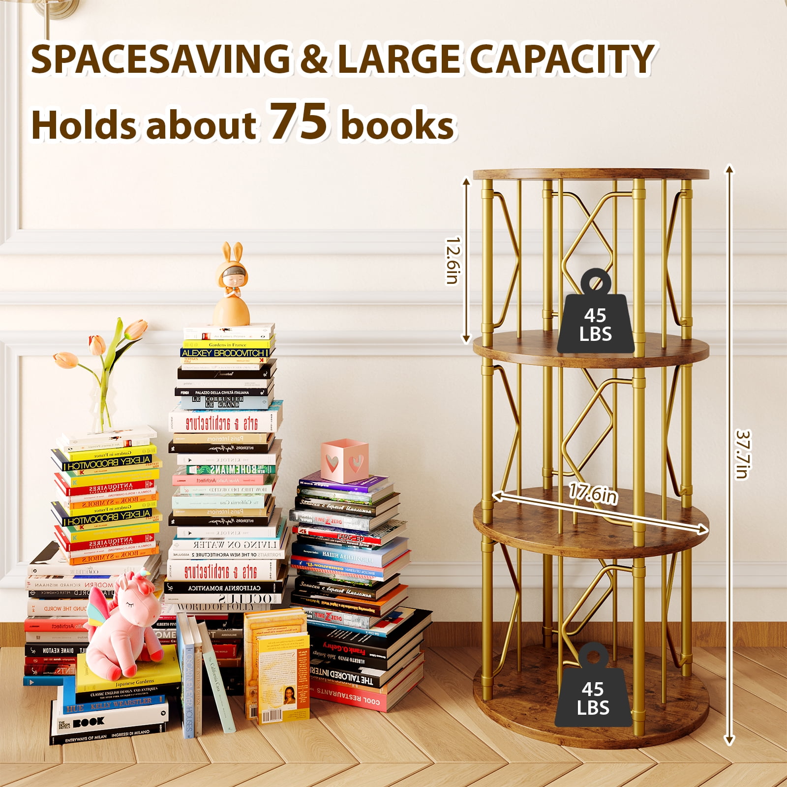LLappuil 3 Tier Rotating Bookshelf, 360° Display Swivel Bookcase, Corner Bookshelf for for Bedroom, Living Room Gold