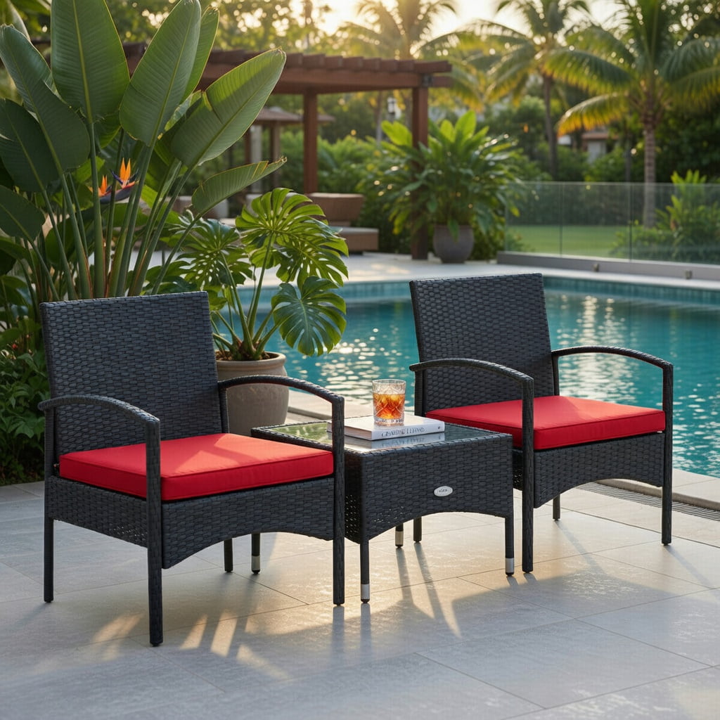Hommoo 3-Piece Outdoor Wicker Patio Furniture Set with Weather-Resistant Cushions, Rattan Chairs & Table for Backyard, Garden, Patio, Red