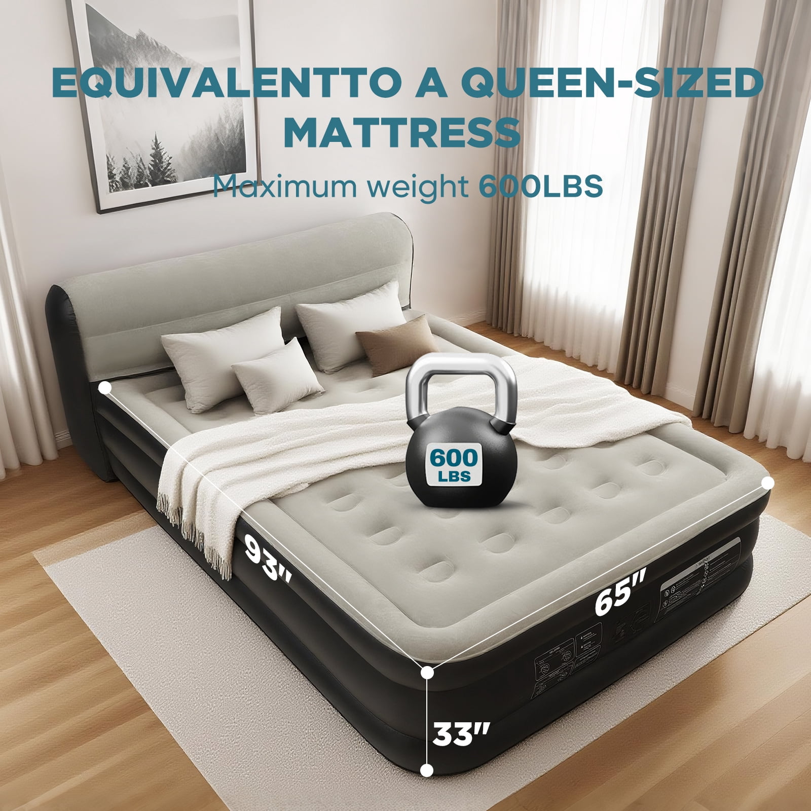 EGGORY 34" Queen Size Air Mattress with Headboard,Deluxe Raised Air Bed  with Built-in Pump for Camping & Trip & Home