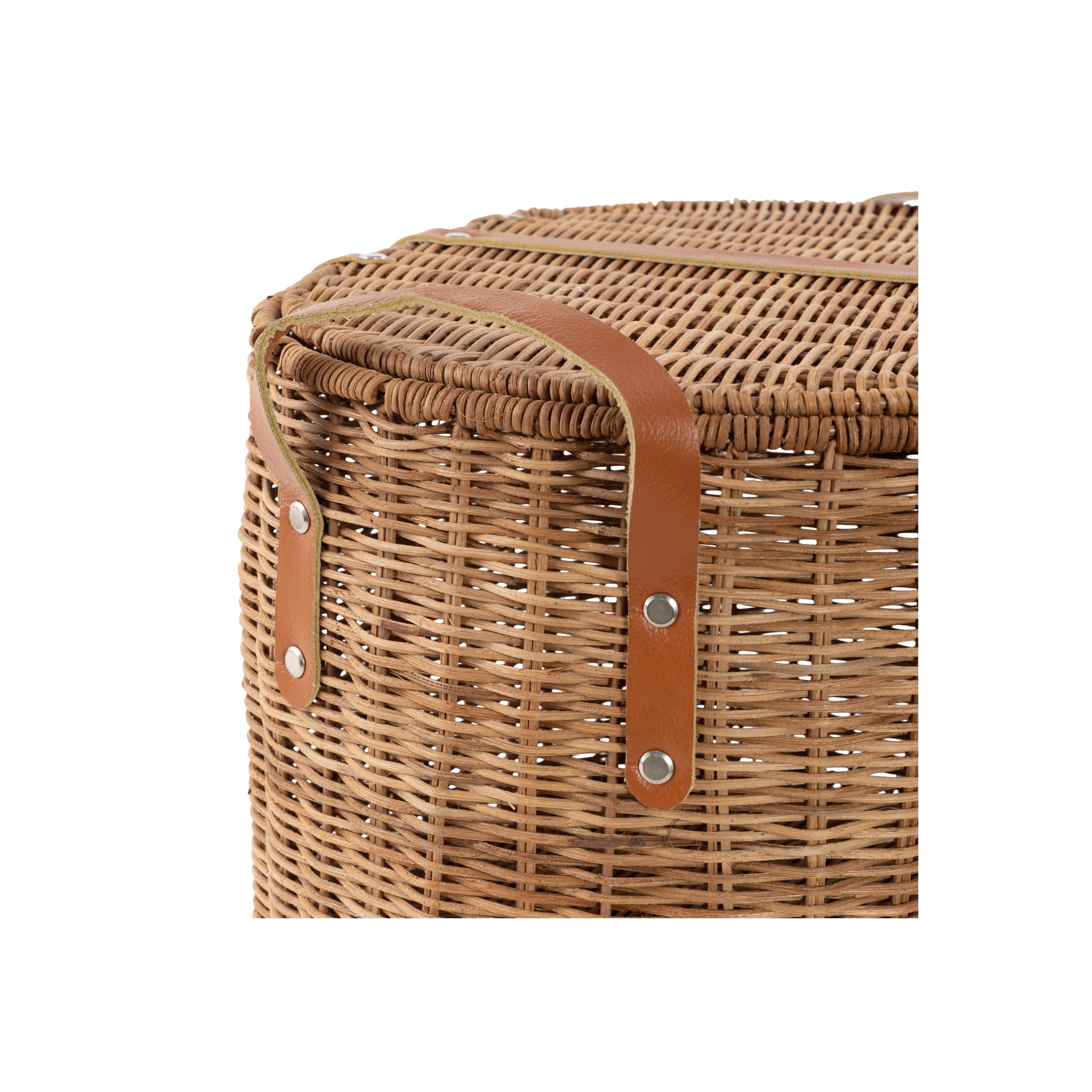 DecMode 16" x 10" Brown Rattan Handmade Woven Storage Basket with Lid and Leather Handles, 1-Piece