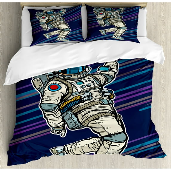 Astronaut Duvet Cover Set Queen Size, Having Fun Dancing Retro Comic Design Cartoon Character, Decorative 3 Piece Bedding Set with 2 Pillow Shams, Dark Violet Blue and Multicolor, by Ambesonne