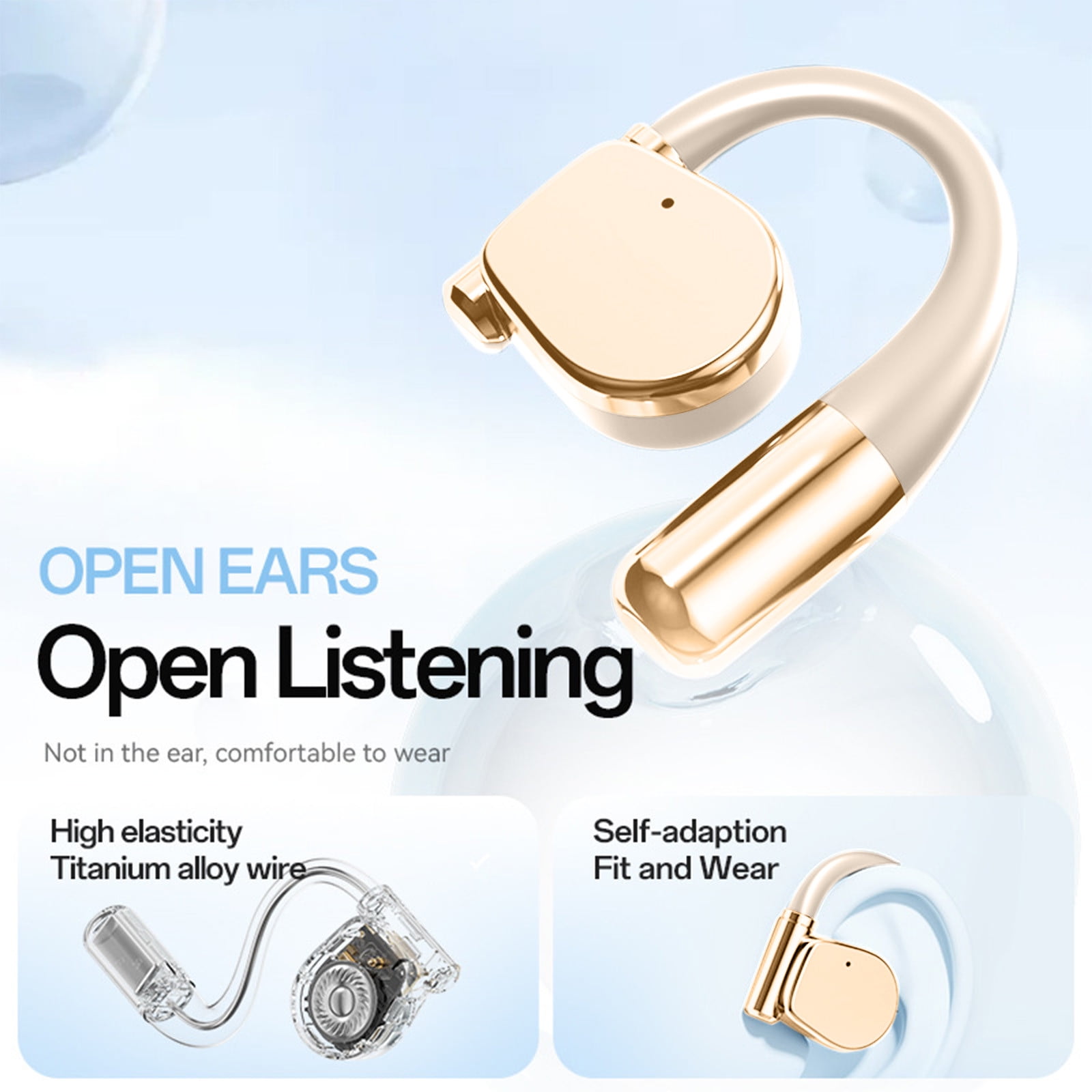 Nkmbld Wireless Earbuds Wireless Bluetooth Earphones Open End Non in Ear HD Call Digital Display Earphones, Beige