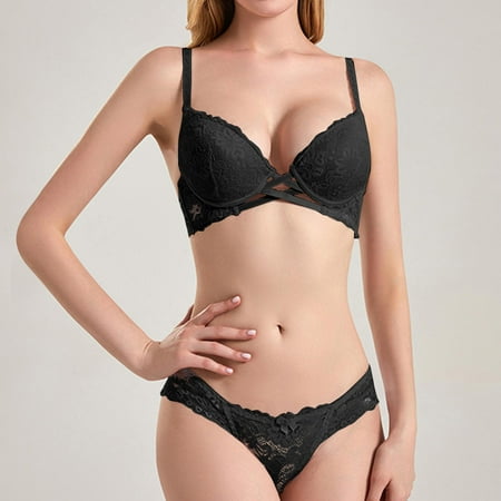 Voncos Underwear Sets for Women Plus Size Thin Lace Gathering Bras and Underpants Sexy Lingerie Set Black Size S
