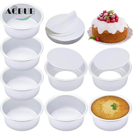 

Aluminum anodized round cake Pan set of 8 with 100 parchment paper non-stick baking cake pan with removable bottom quick release cake pan Mini cheesecake pizza and quiche