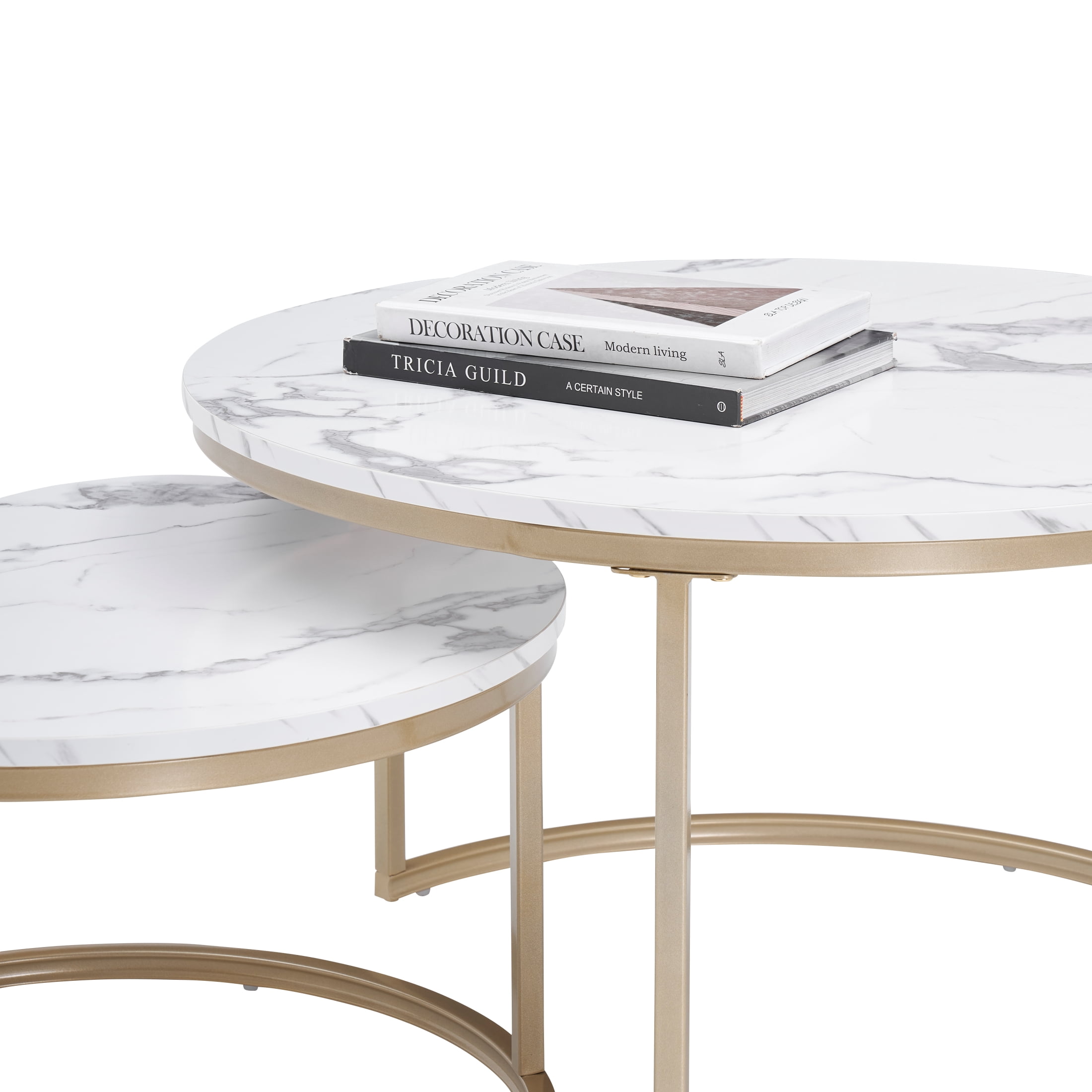 Round Nesting Coffee Table Set with 31.5 in White Faux Marble Top and Golden Legs Modern Style for living room