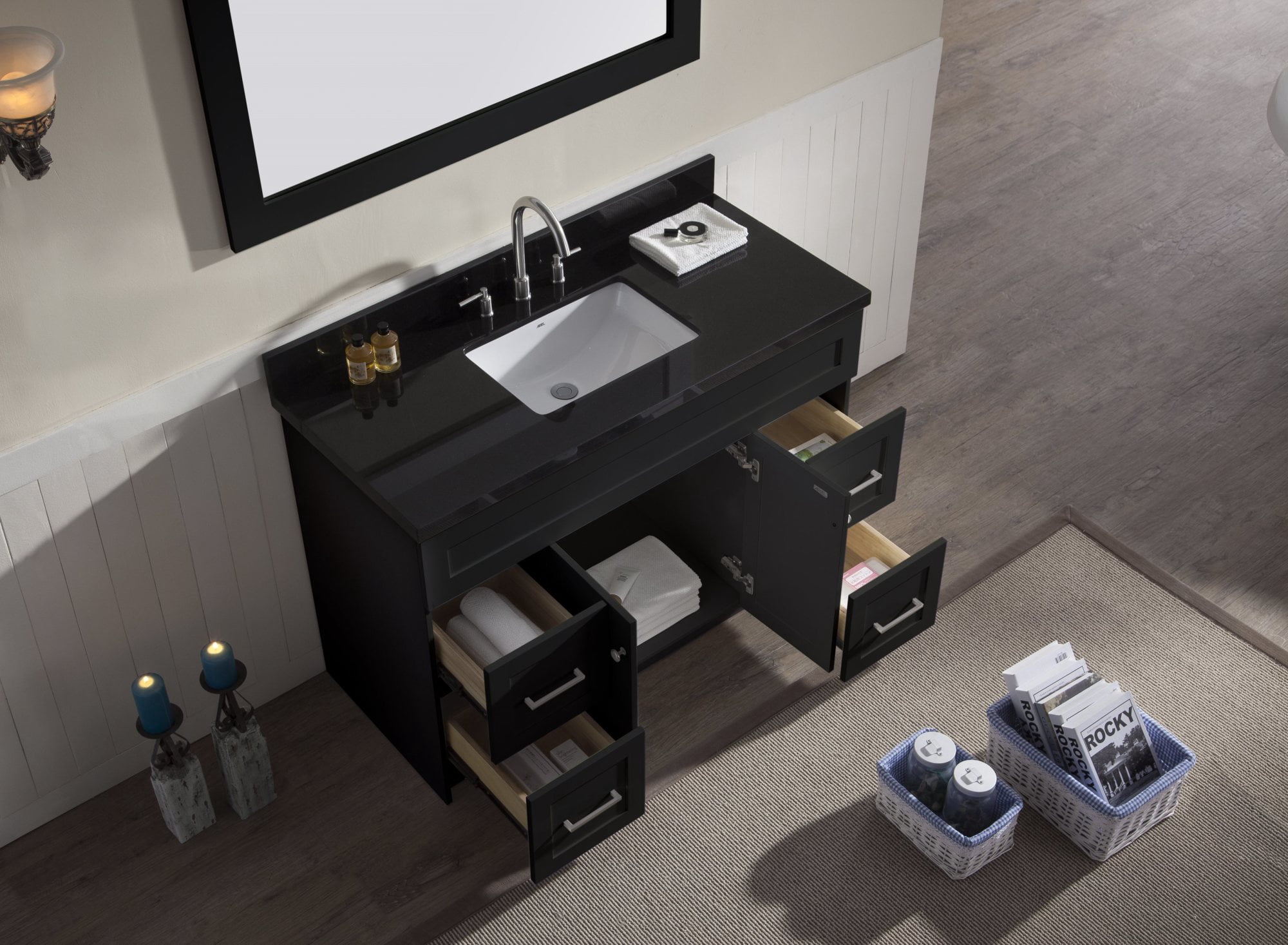 ARIEL Hamlet 49 in. Bath Vanity in Black with Granite Vanity Top in Absolute Black with White Basin and Mirror