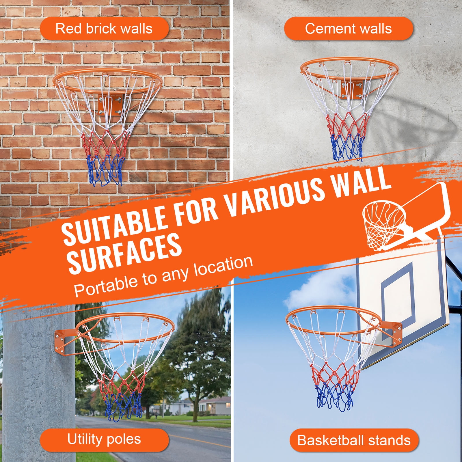 KFFKFF Basketball Goal, Attachable to Wall or Door, Robust Q235 Basketball Flex Rim Substitute with Net, Conventional 18" Indoor and Outdoor Suspended Basketball Hoop for Children and Adults