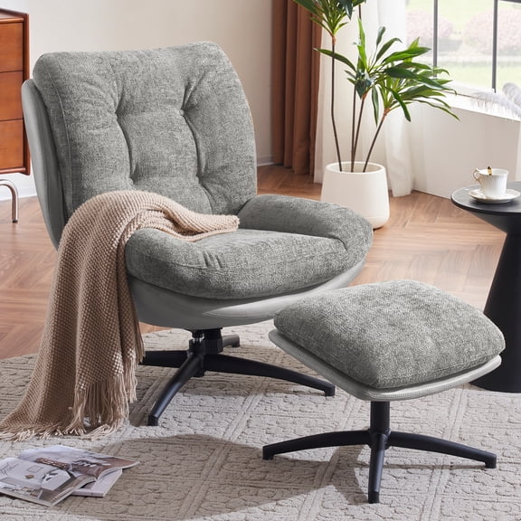 WACASA Swivel Accent Chair with Ottoman, 360° Swivel Rocking Chair, Oversized Reading Chair for Bedroom, Chenille Lounge Chair for Living Room, Grey