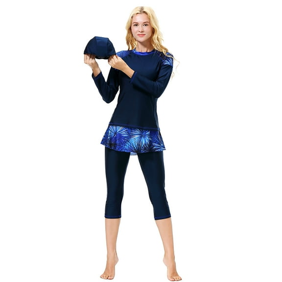 IBTOM CASTLE Women Burkini Swimsuits Modest Muslim Swimwear Islamic Long Sleeve Full Cover Hijab Top Skirted Swim Capris Pants Set L Navy Blue