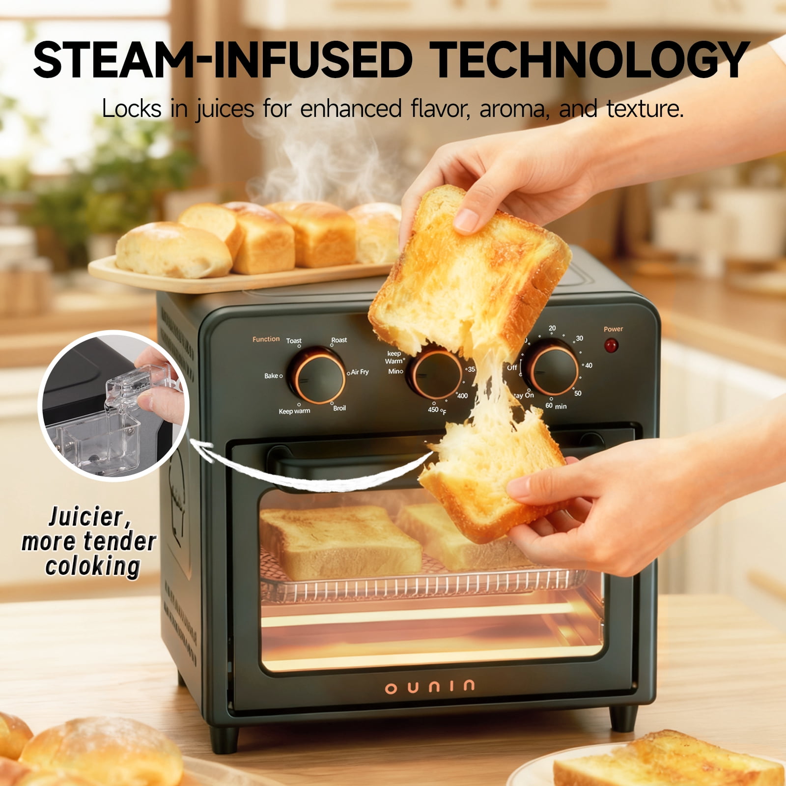 OUNIN Air Fryer Toaster Oven with Steam Infusion – 12.6QT Compact, Countertop, Fast Preheat with Bake, Toast, Roast, Broil and Warm Options