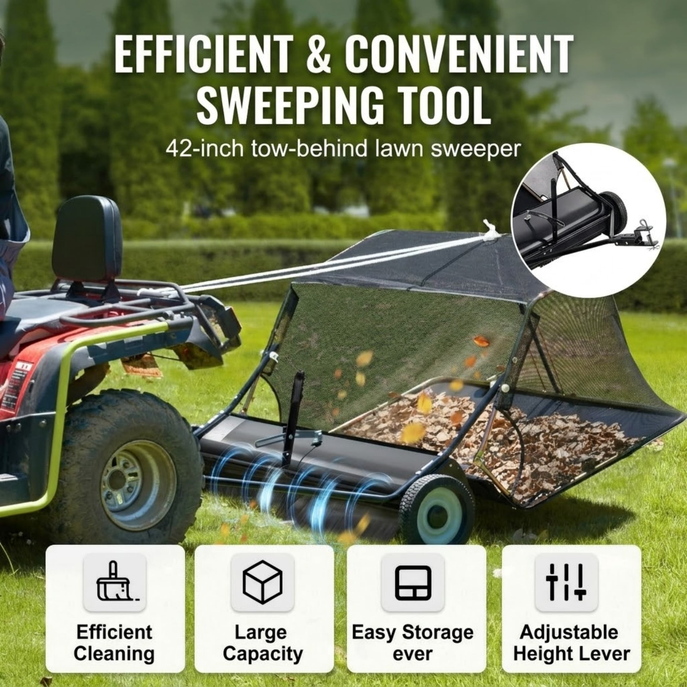 42-Inch 12 cu.ft. Tow Behind Lawn Sweeper, Heavy Duty Leaf and Grass Collector with Dumping Rope & Adjustable Height