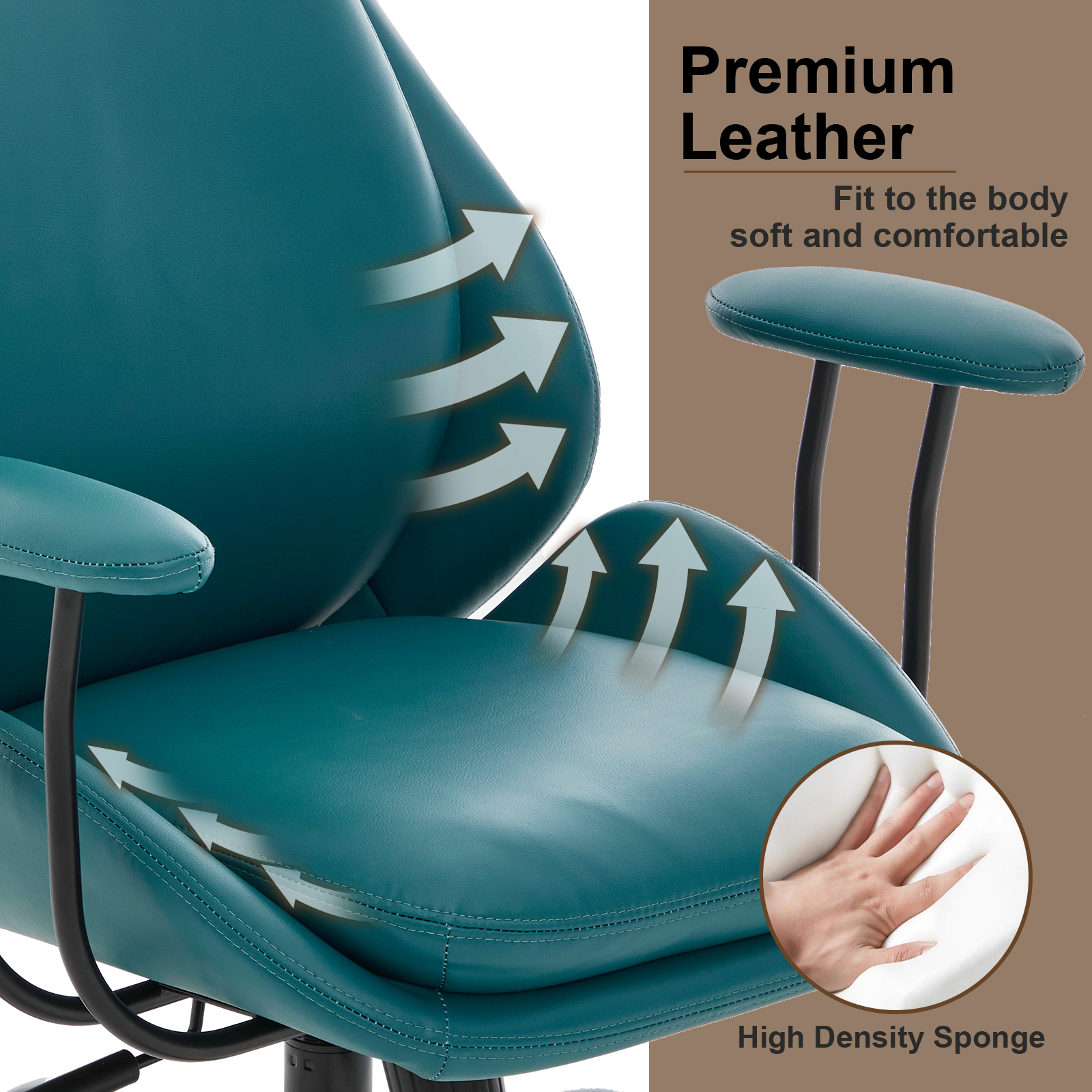 E-Motie Home Office Desk Chair, Ergonomic Computer Chair with Lumbar Support and Head Support, High Back Office Chair with Armrests, Adjustable Height, Rubber Casters, Green Leather