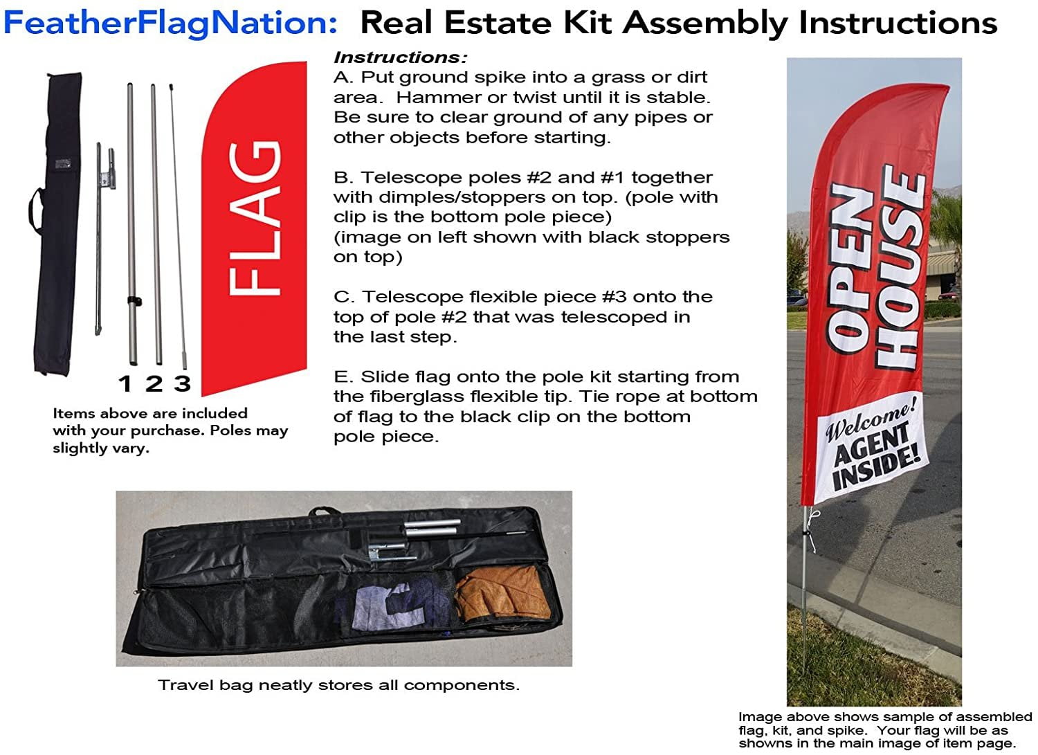 Open House Feather Flag Sign for Real Estate, Advertising Feather Banner Flag with 8 Foot Flag Pole Kit, Ground Stake, and Travel Bag, Signs for Agents
