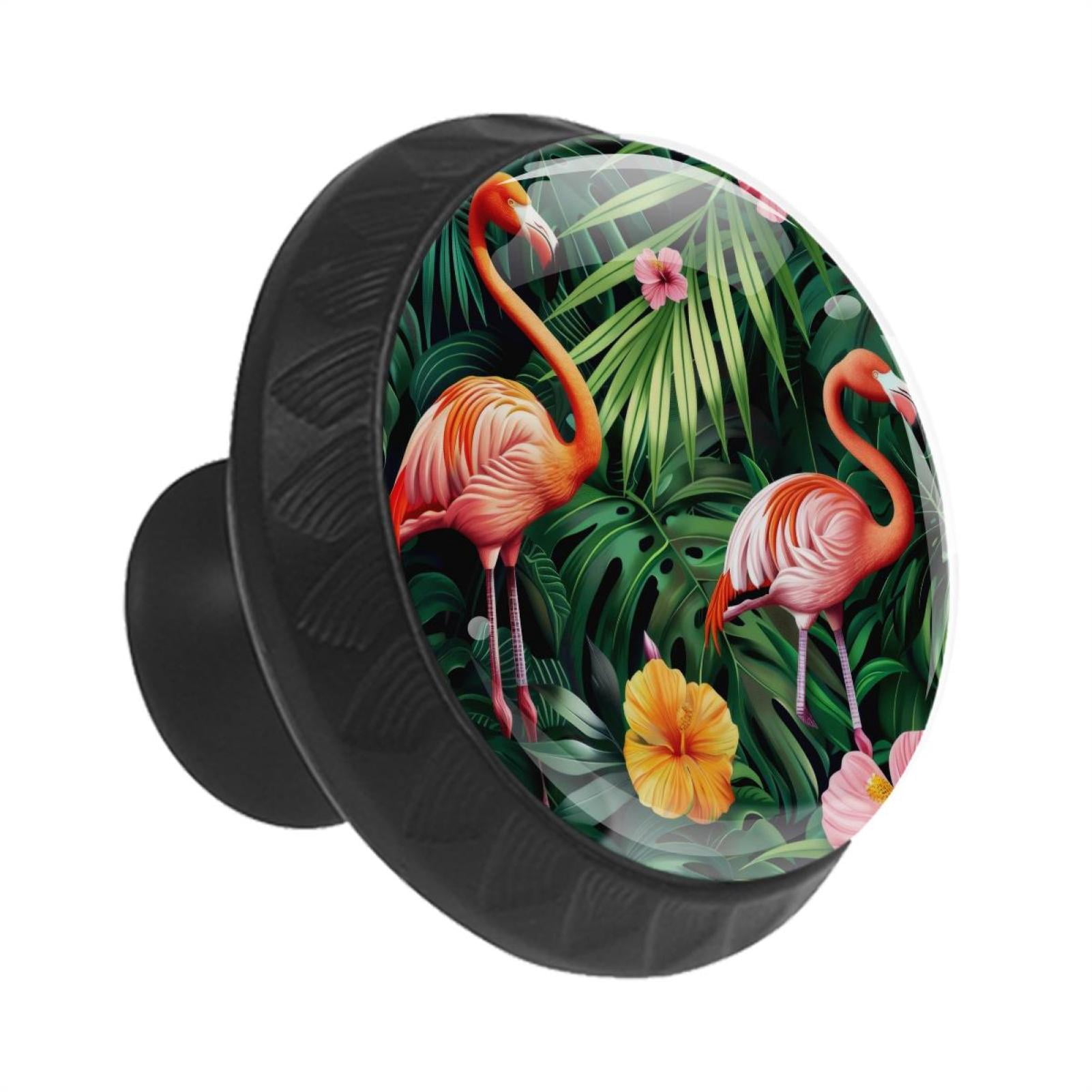 Exotic Flowers Palm Leaves Flowers Pink Flamingos 35MM Round Glass Cabinet Knobs, Kitchen Knobs for Drawer Dresser Cupboard Wardrobe Modern Pulls Handles Hardware, Set of 12