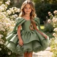 thumbnail image 5 of Girls Satin Mini Princess Dresses Cape Sleeve Neck Ruffle Tiered Gowns for Wedding Birthday Party Evening Ceremony Green 5-6 Years, 5 of 6