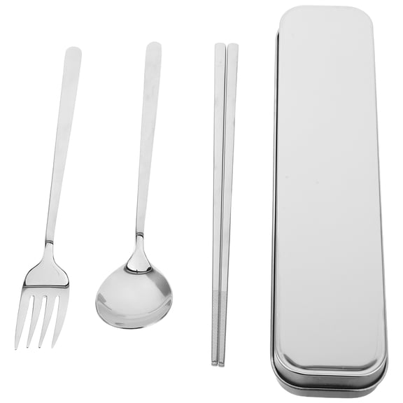 GOOHOCHY 1 Set Reusable Stainless Steel Chopsticks Fork And Spoon Kit Portable Trip Cutlery With Storage Box Camping Utensils For Outdoor